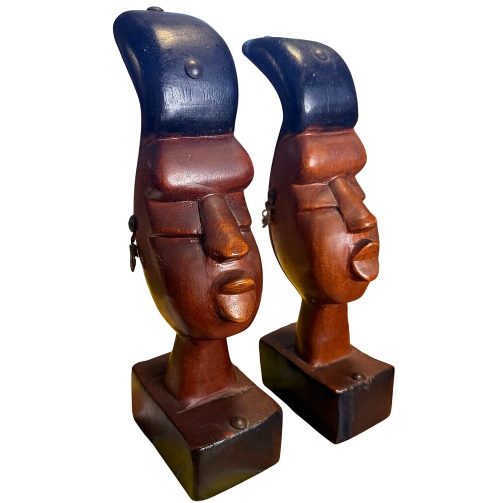 Vintage Hand Carved Wood African Tribal Busts MCM Decor Statues - As Is
